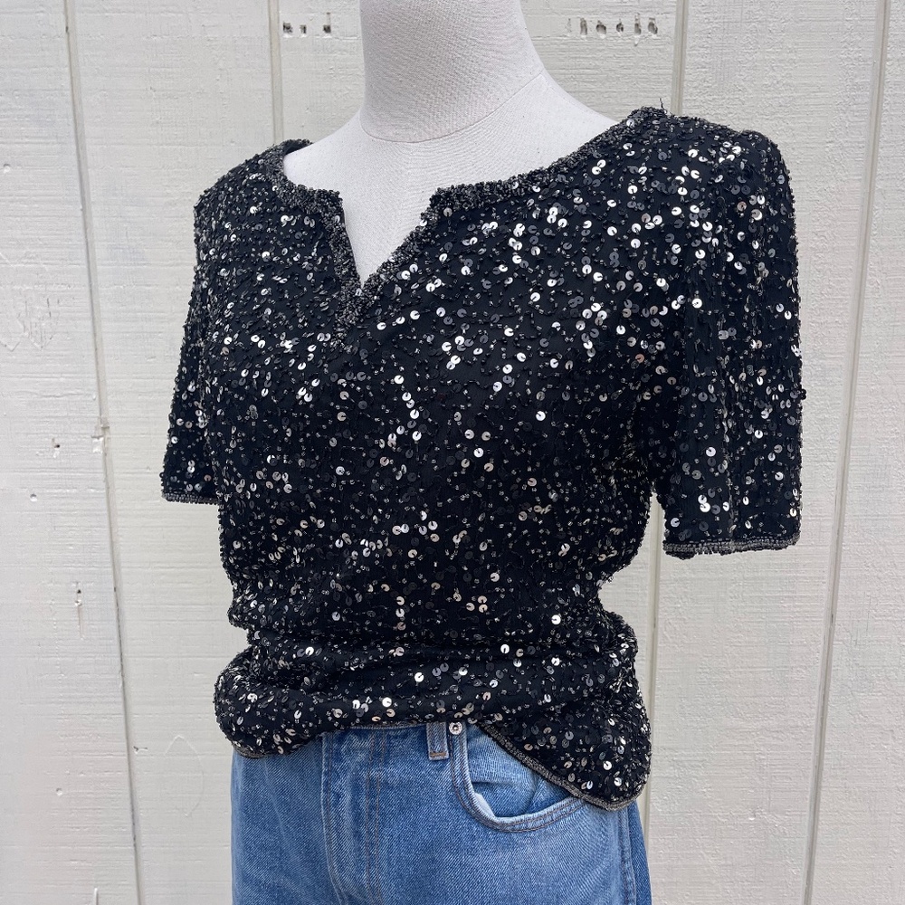 Scala Sequined and Beaded Silk Top with V notch Size Medium